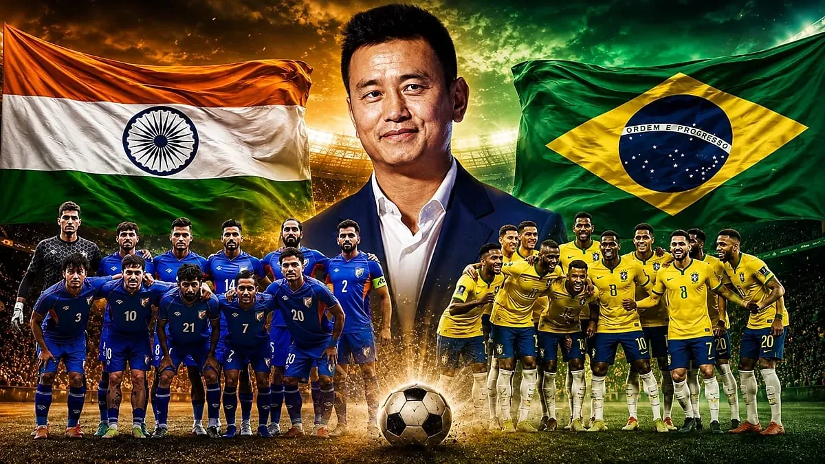 ভাইচুং ভুটিয়ার সঙ্গে ব্রাজ়িল এবং ভারতীয় দল ও দুই দেশের জাতীয় পতাকার ছবির কোলাজ।